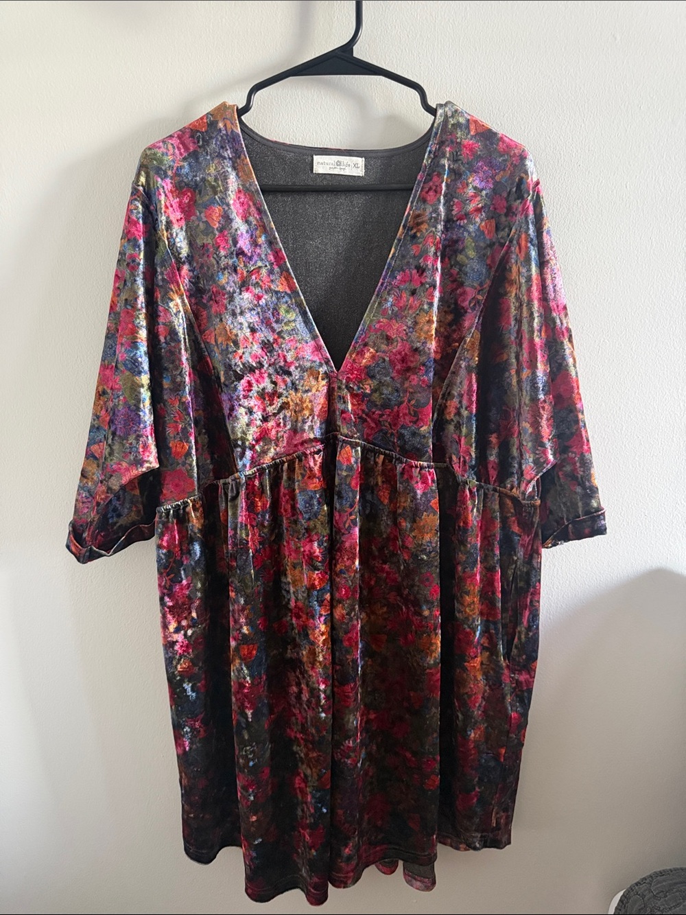 NATURAL LIFE Velvet Floral V‑Neck Mini Dress - Pink, Purple, Green